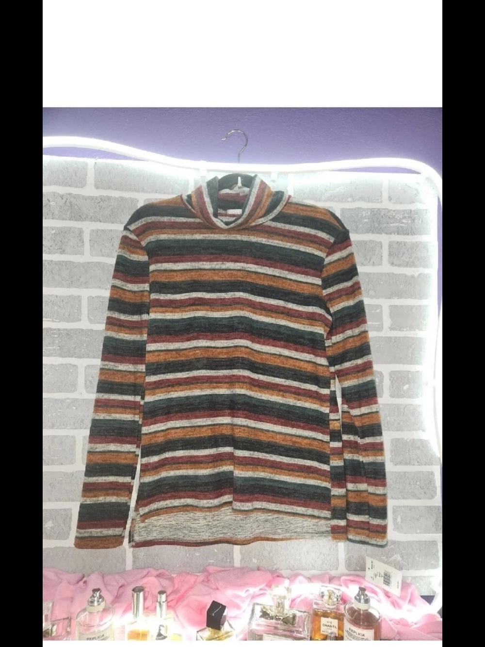 Moa Moa Multicolor Striped Turtleneck Top - Green, Rust, Cream, Pink